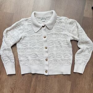 Rachel Zoe Cardigan‎ Crochet Knit Collared Modern Women Size L Cream Ivory White